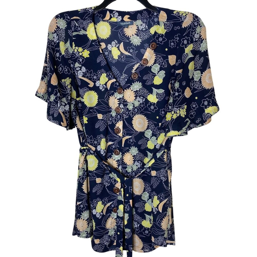 ModCloth Floral Blouse 1X Navy Button Front Tie Waist Boho Cottagecore Top